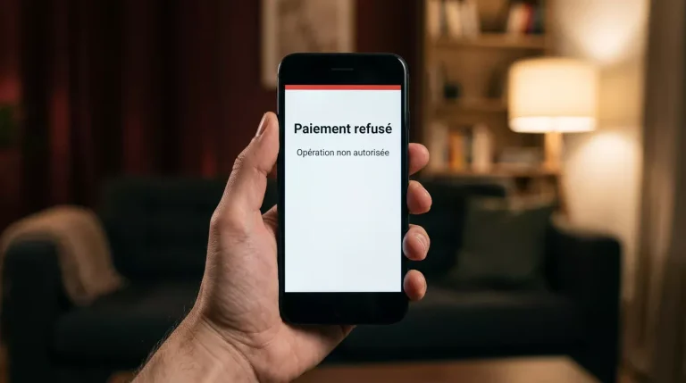Notification bancaire de refus de paiement vers un site de paris sportifs sur un écran de smartphone