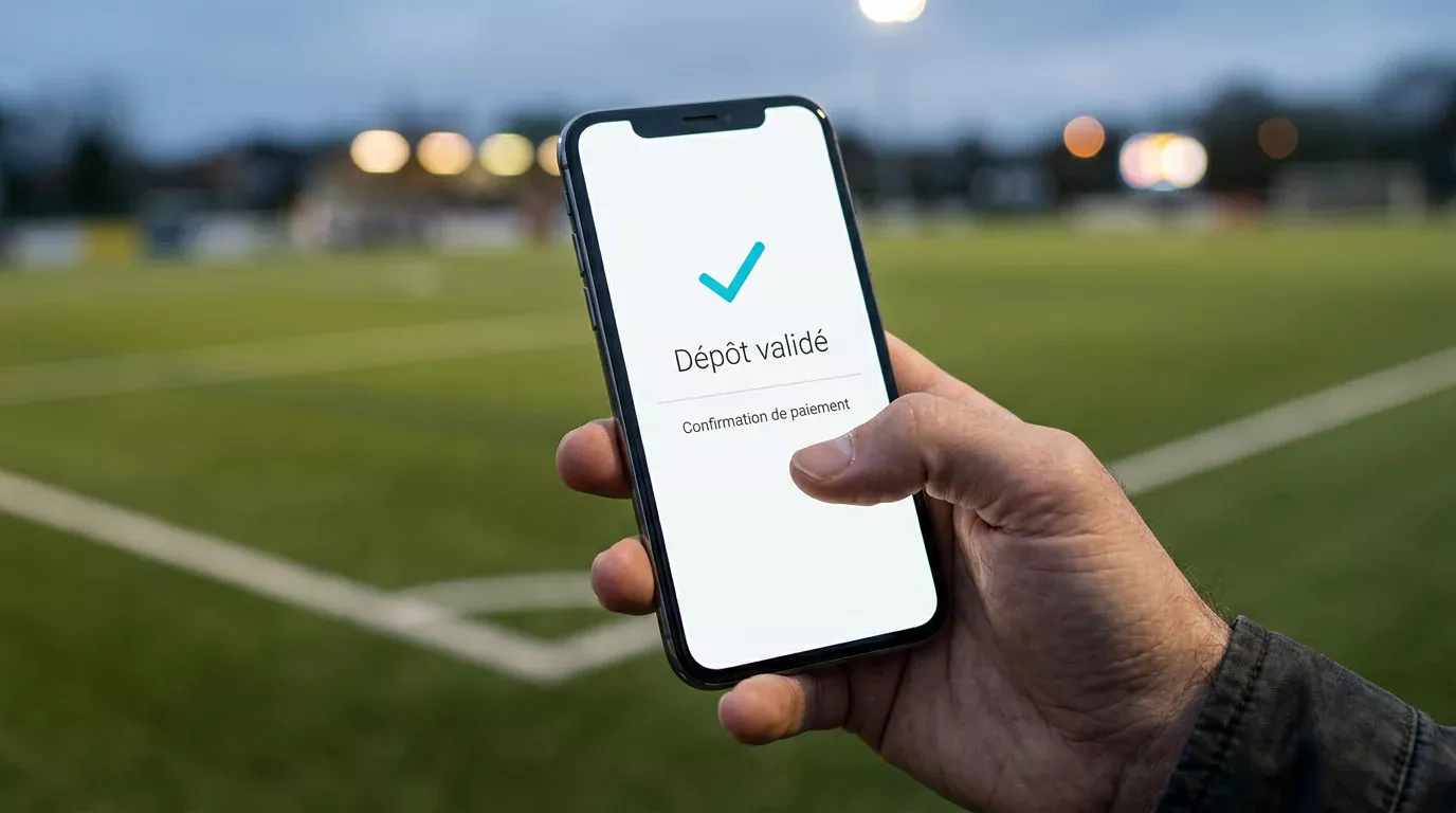 Smartphone affichant une interface de dépôt par carte sur un site de paris sportifs