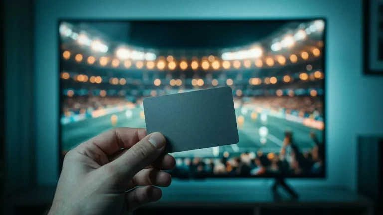 Carte bancaire Mastercard et retransmission de match de football en arrière-plan